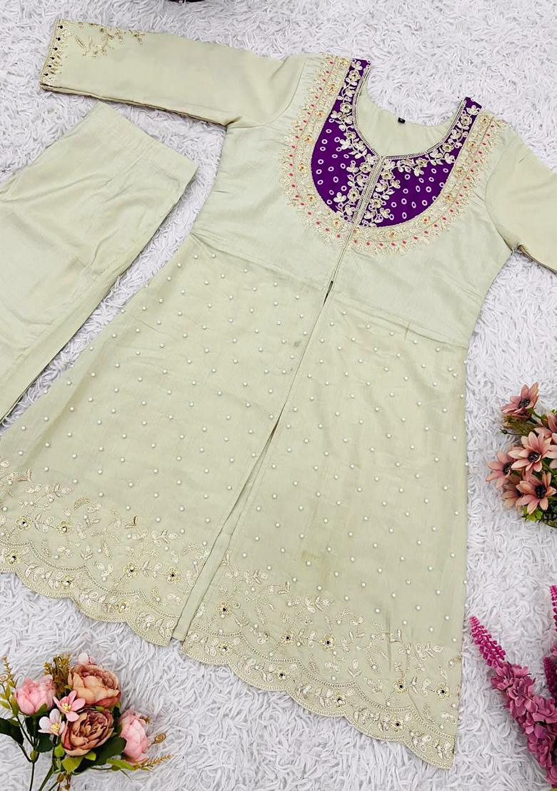 Beige Embroidery Blended Kurta Set - Indya
