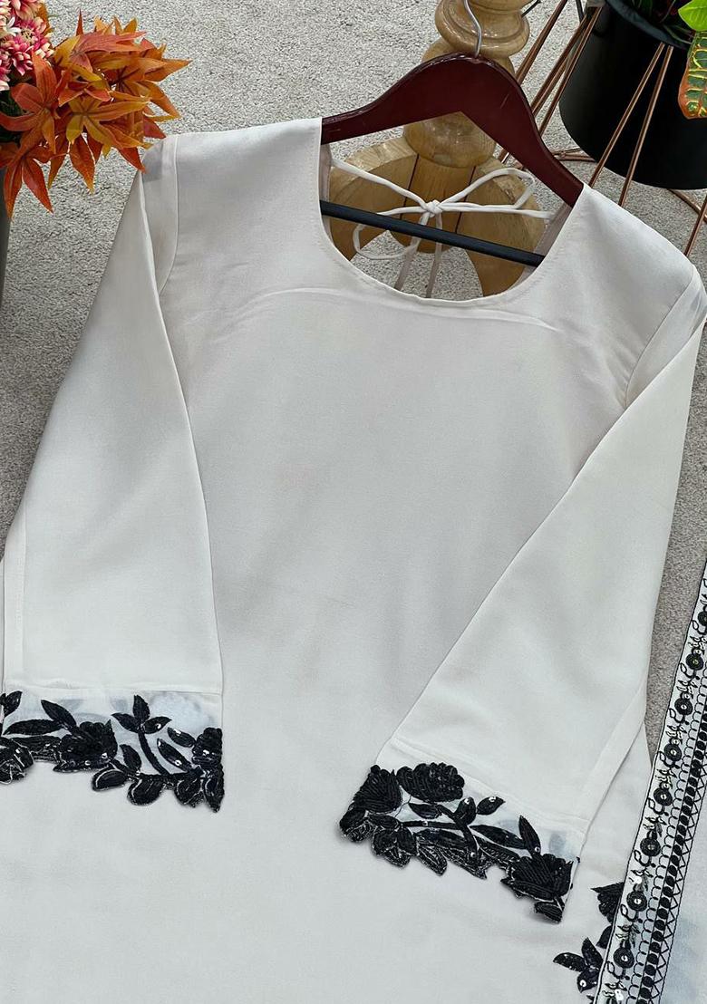 White Solid Blended Kurta Set - Indya