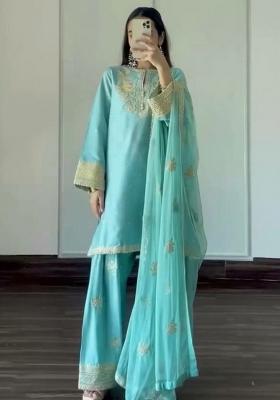 Blue Embroidery Blended Kurta Set