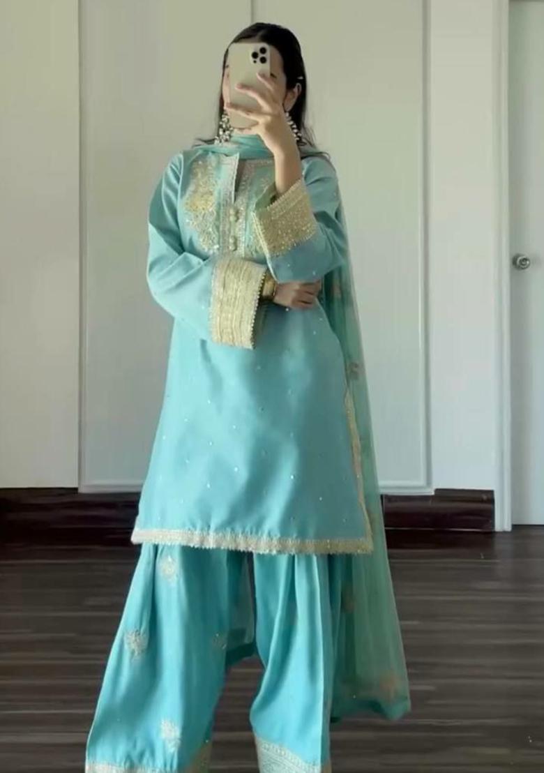 Blue Embroidery Blended Kurta Set - Indya