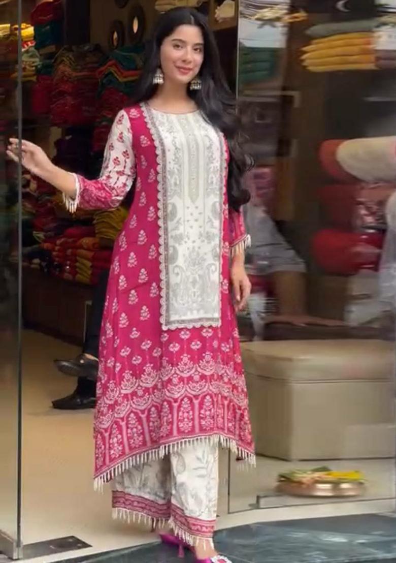 Pink Embroidery Blended Kurta Set - Indya