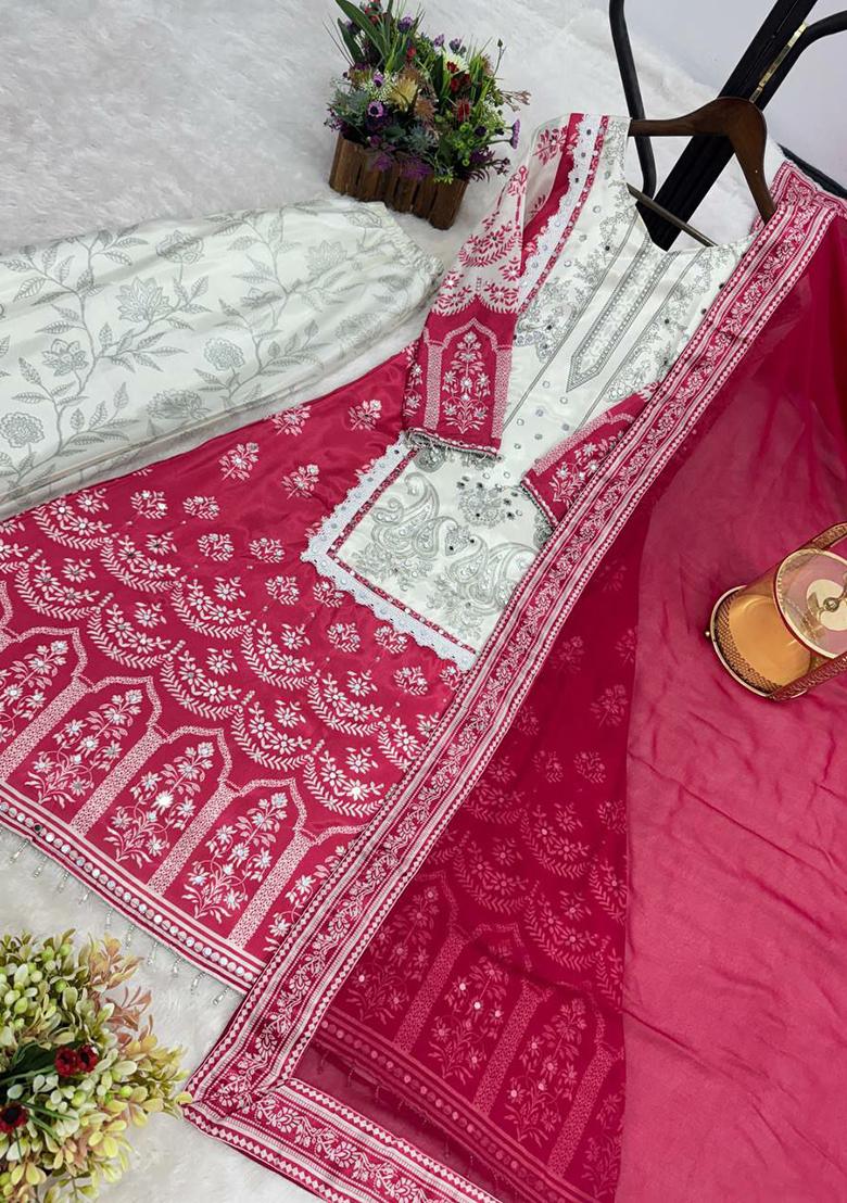 Pink Embroidery Blended Kurta Set - Indya