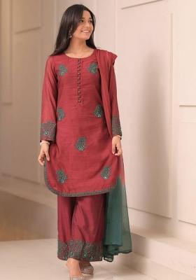 Red Embroidery Blended Kurta Set