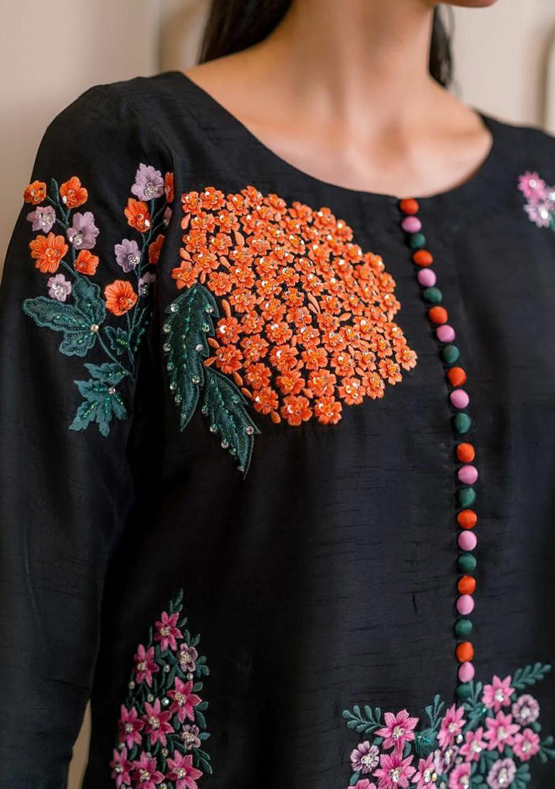 Black Embroidery Blended Kurta Set - Indya