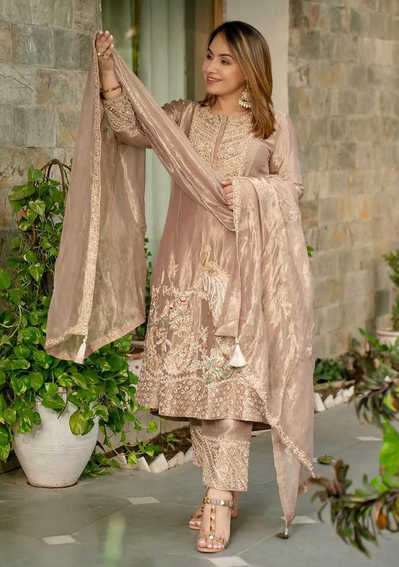 Cream Embroidery Blended Kurta Set - Indya