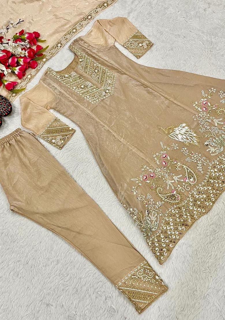 Cream Embroidery Blended Kurta Set - Indya