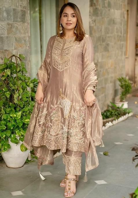 Cream Embroidery Blended Kurta Set