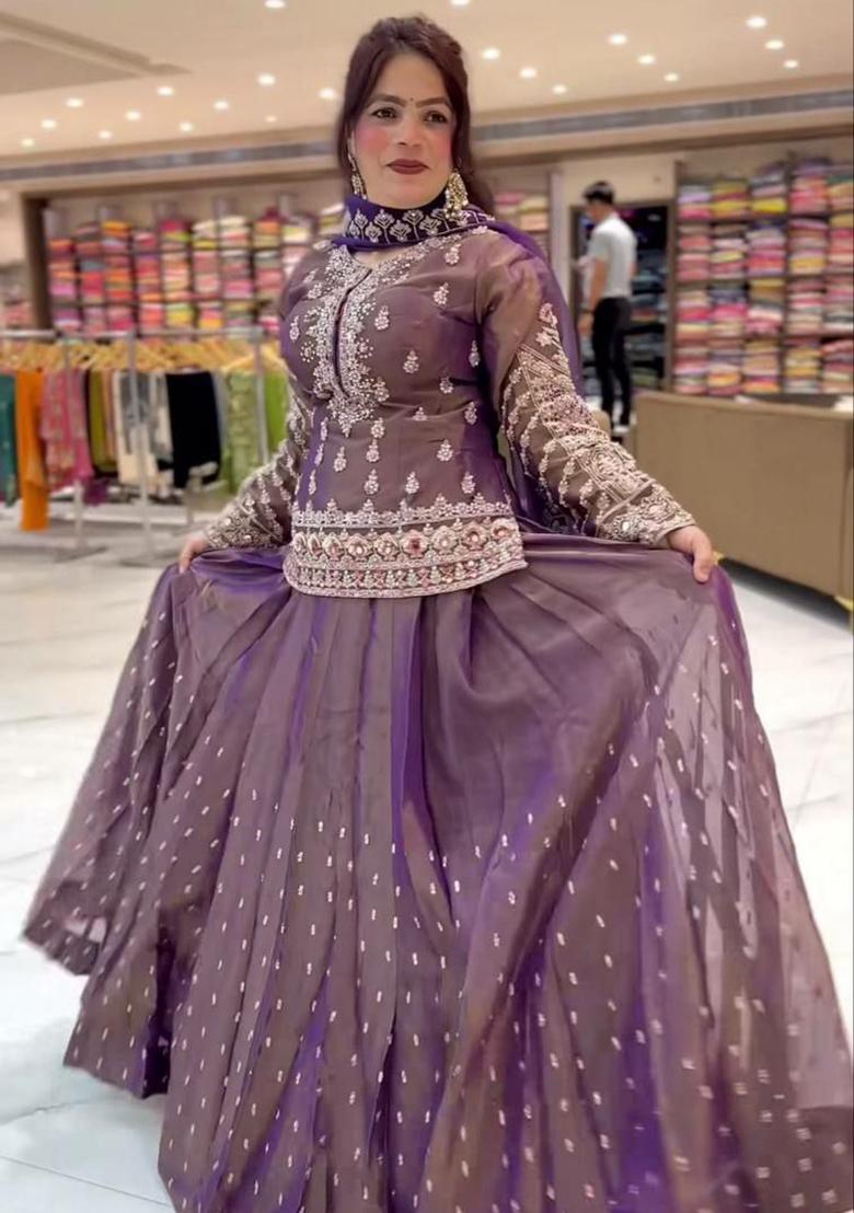 Lavender Embroidery Blended Kurta Set - Indya