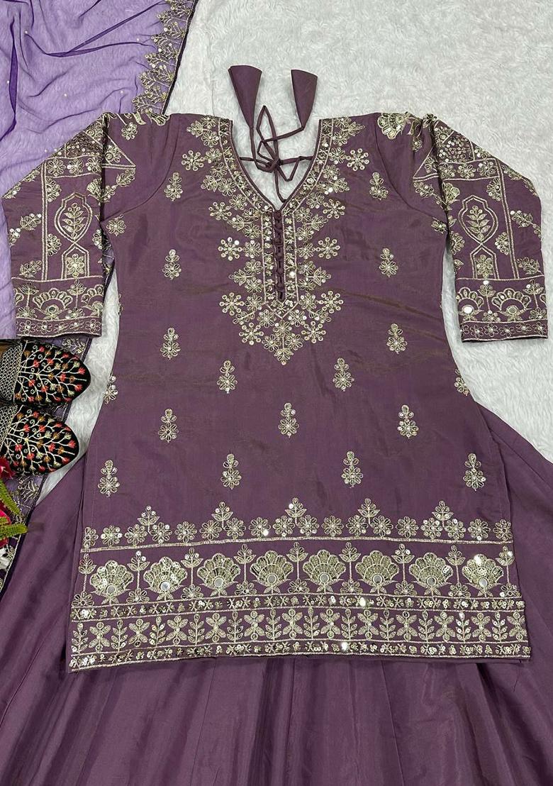 Lavender Embroidery Blended Kurta Set - Indya