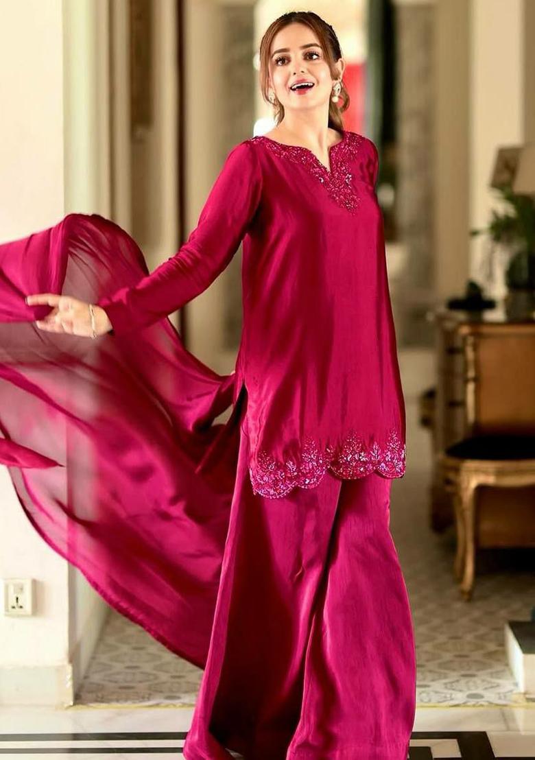 Pink Embroidery Blended Kurta Set - Indya
