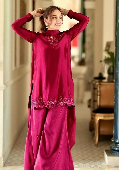 Pink Embroidery Blended Kurta Set