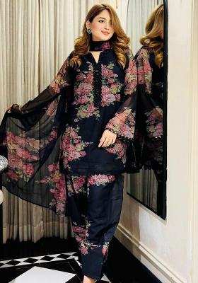 Black Printed Blended Kurta Set