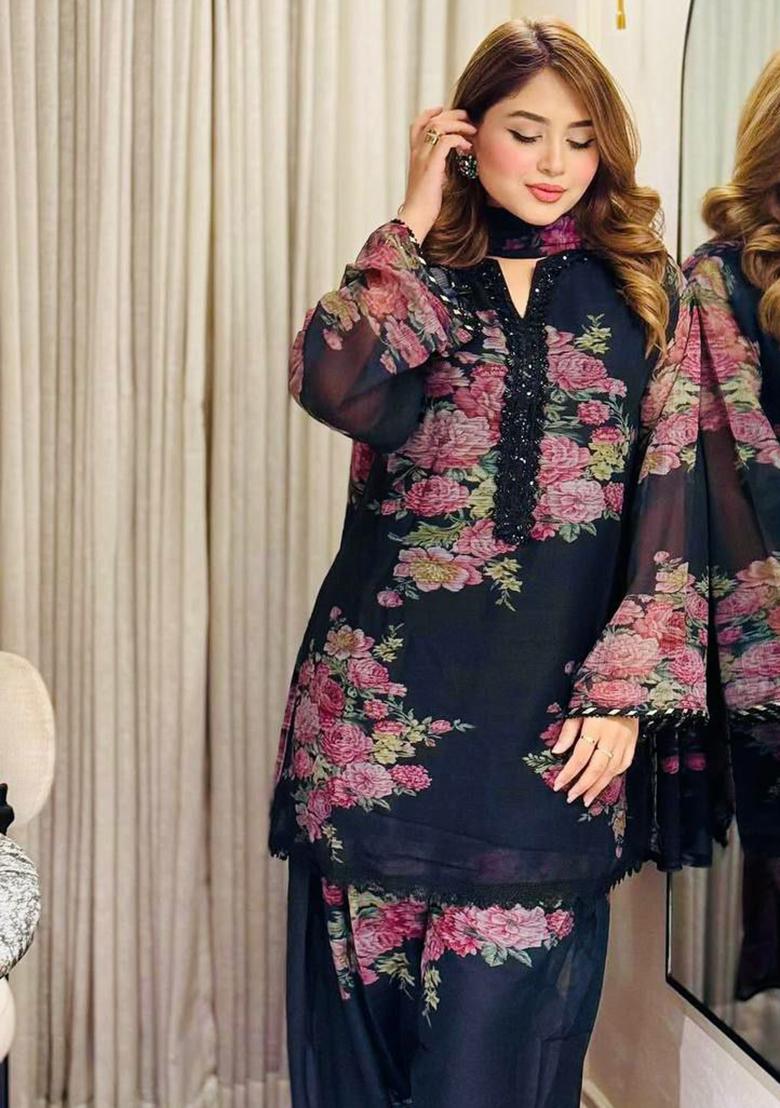 Black Printed Blended Kurta Set - Indya