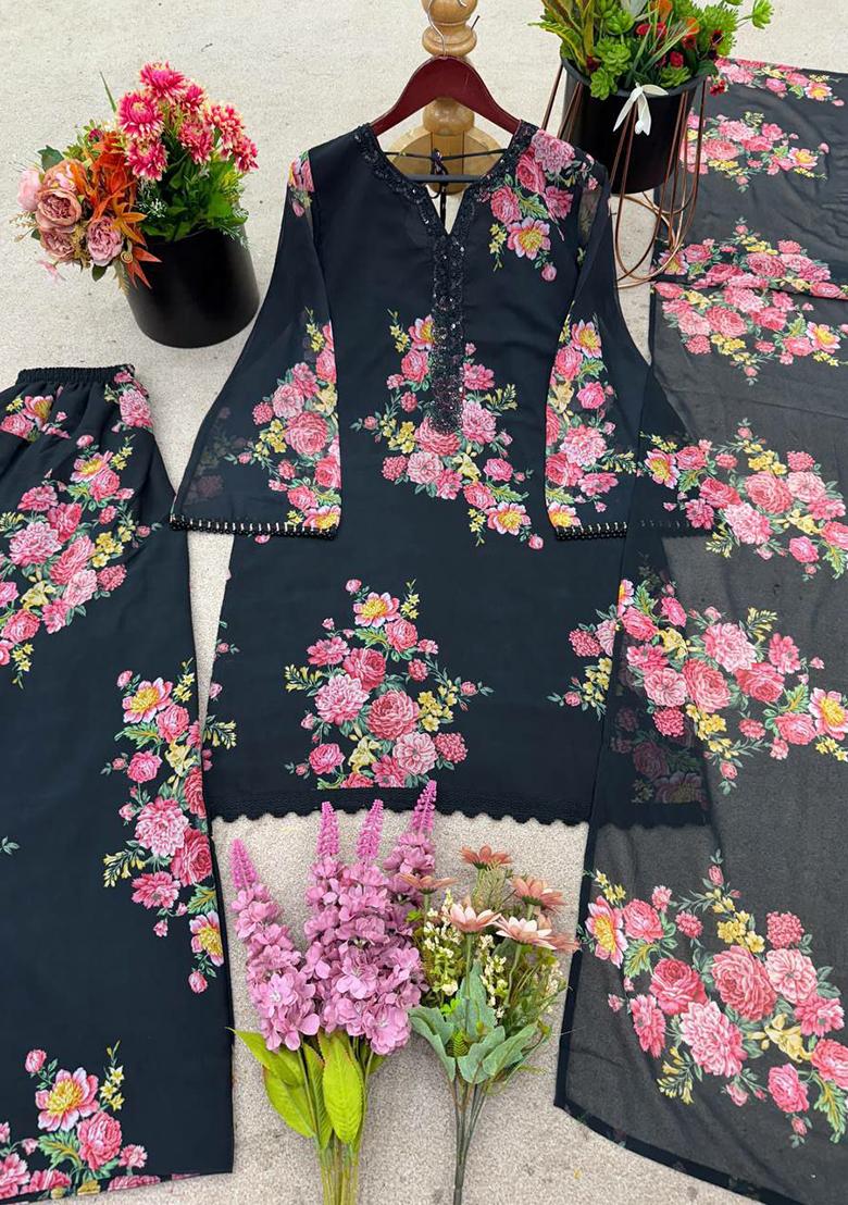 Black Printed Blended Kurta Set - Indya