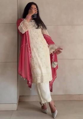 Off White Embroidery Blended Kurta Set