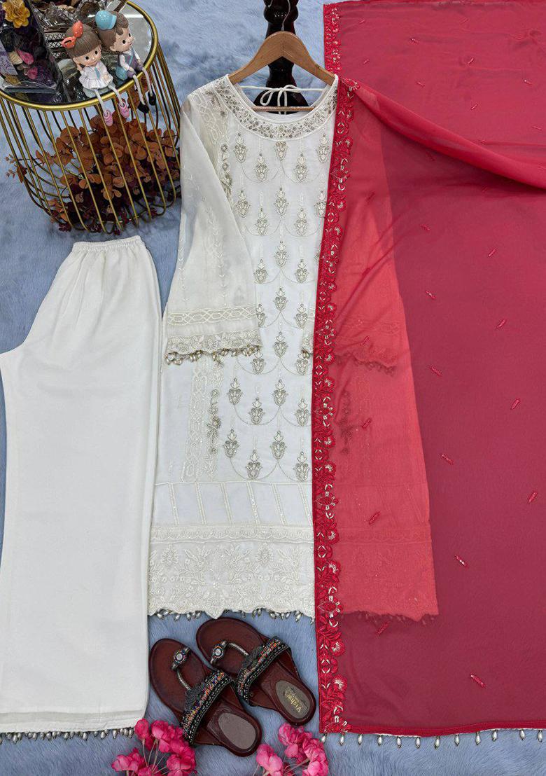 Off White Embroidery Blended Kurta Set - Indya