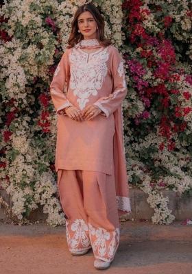 Pink Embroidery Blended Kurta Set