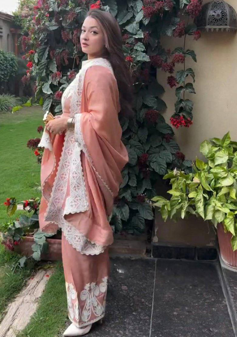 Pink Embroidery Blended Kurta Set - Indya