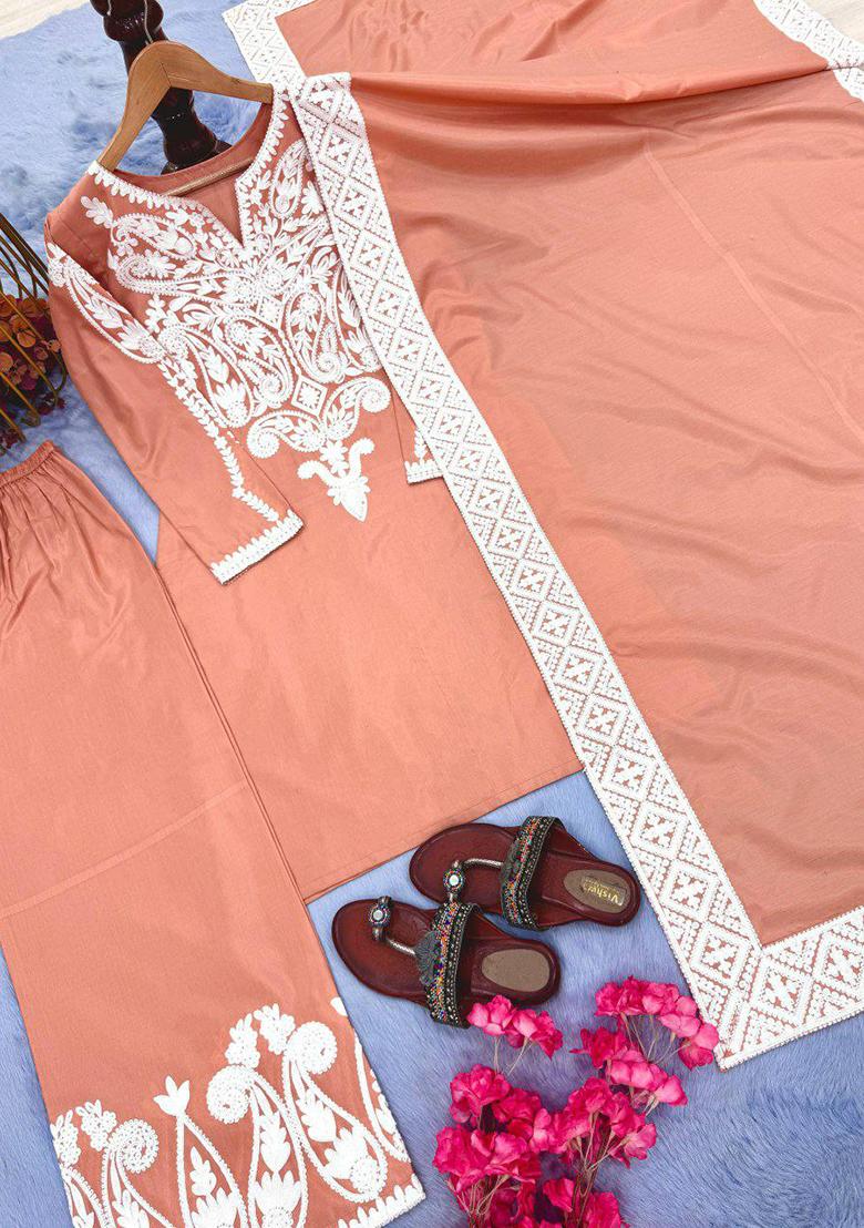 Pink Embroidery Blended Kurta Set - Indya