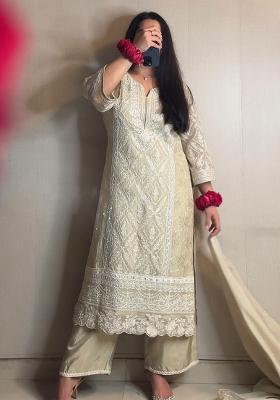 Beige Embroidery Blended Kurta Set
