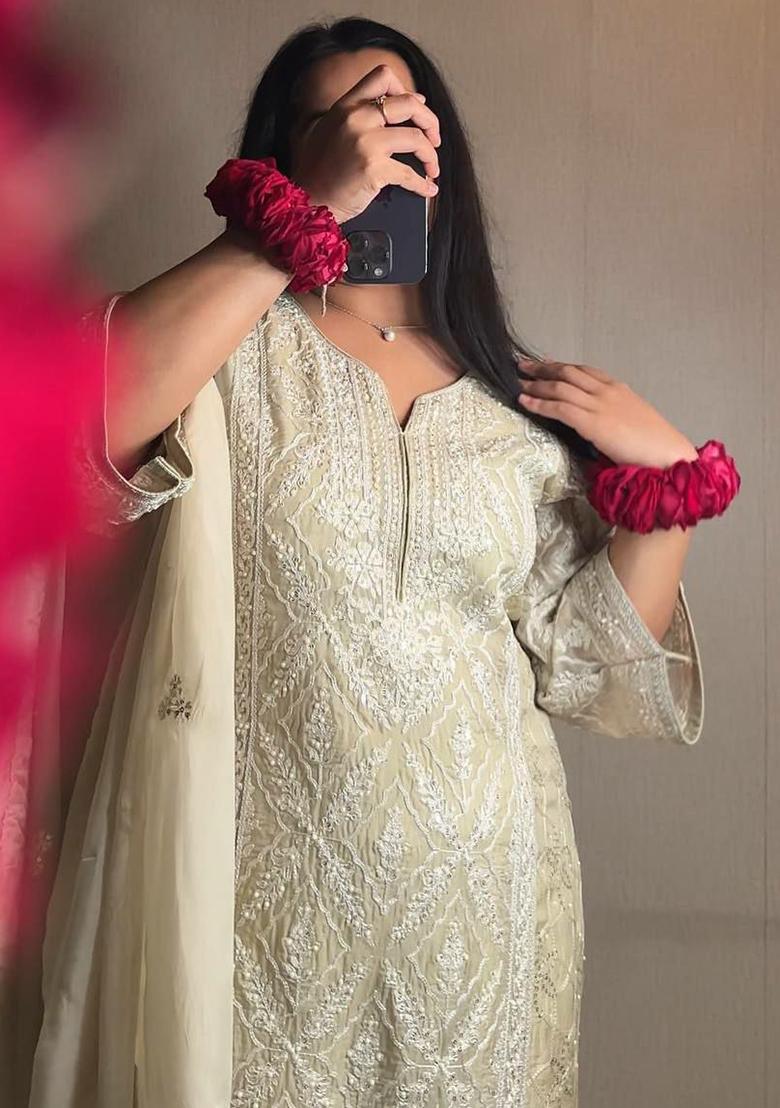 Beige Embroidery Blended Kurta Set - Indya