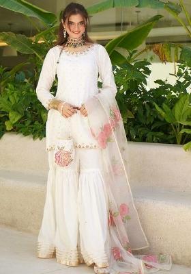 White Embroidery Blended Kurta Set