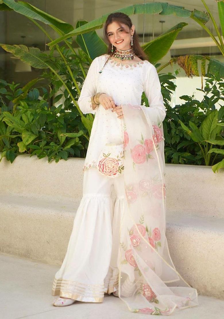 White Embroidery Blended Kurta Set - Indya