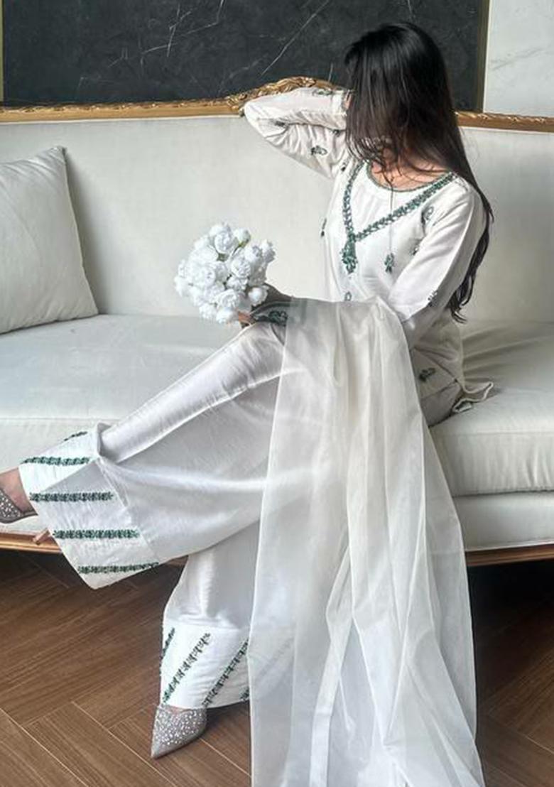 White Embroidery Blended Kurta Set - Indya