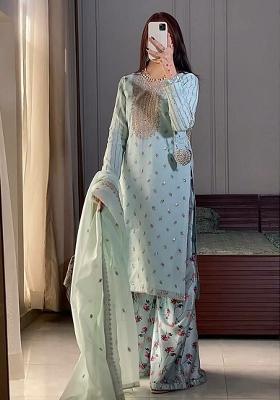 Blue Embroidery Blended Kurta Set