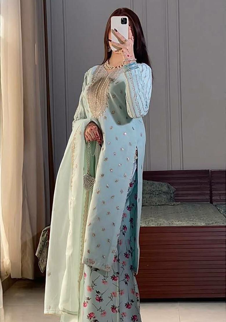 Blue Embroidery Blended Kurta Set - Indya