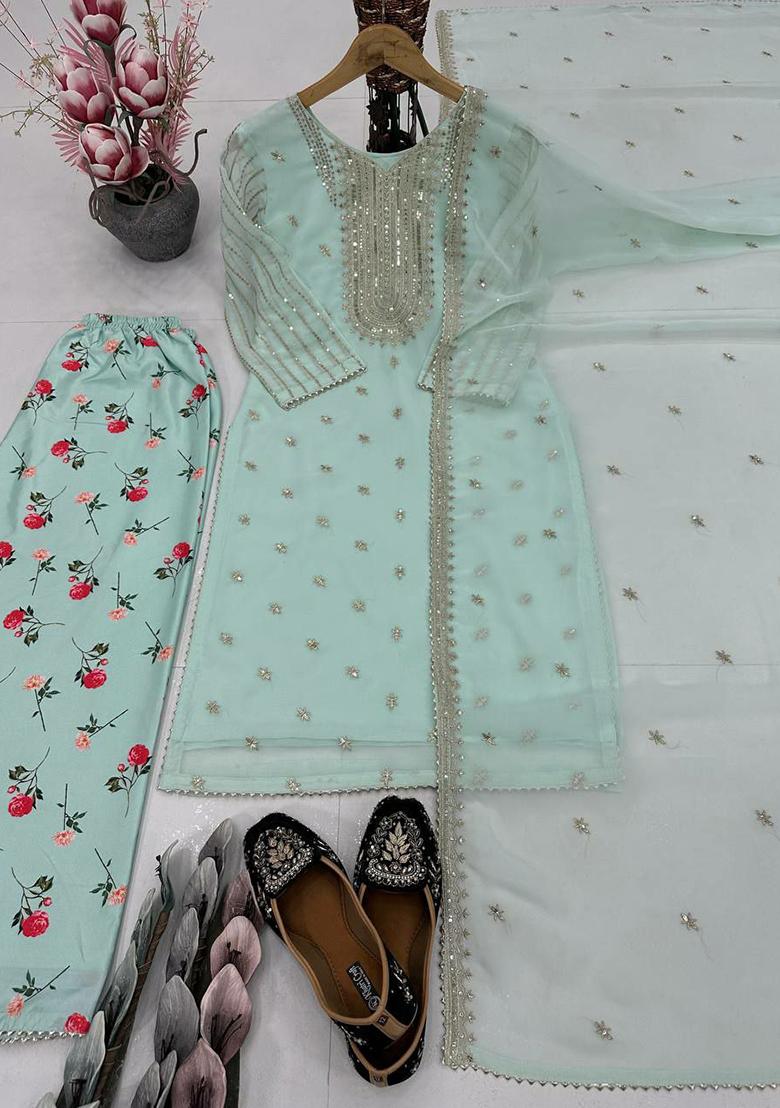 Blue Embroidery Blended Kurta Set - Indya