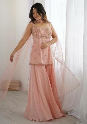 Pink Embroidery Blended Kurta Set