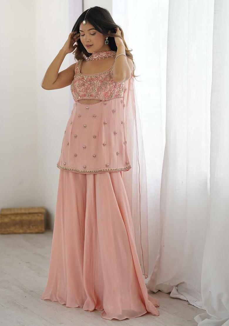 Pink Embroidery Blended Kurta Set - Indya