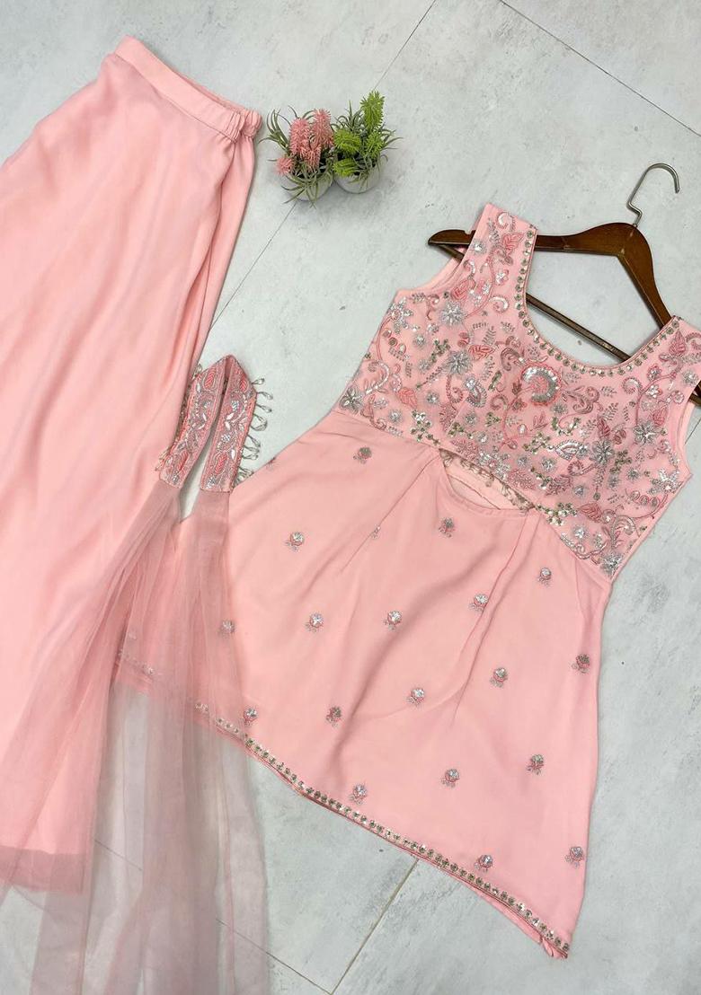 Pink Embroidery Blended Kurta Set - Indya