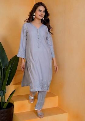 Grey Embroidery Blended Kurta Set
