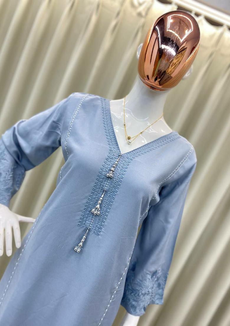 Grey Embroidery Blended Kurta Set - Indya