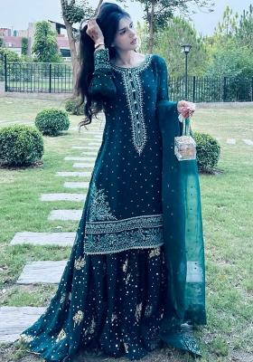 Blue Embroidery Blended Kurta Set