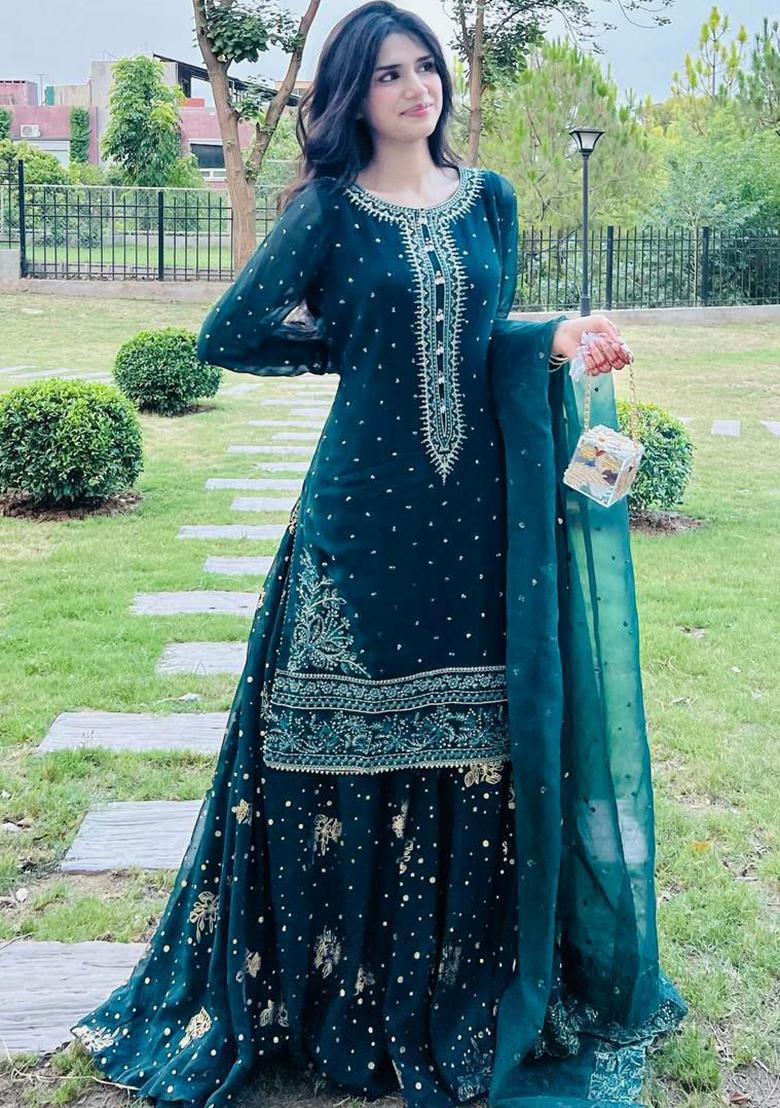 Blue Embroidery Blended Kurta Set - Indya