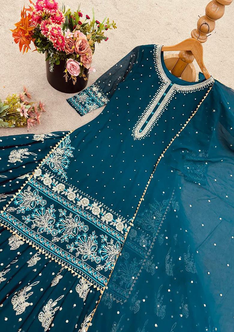 Blue Embroidery Blended Kurta Set - Indya