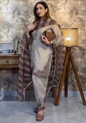 Grey Embroidery Blended Kurta Set