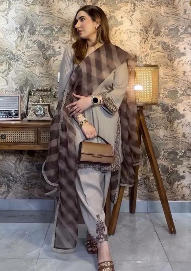 Grey Embroidery Blended Kurta Set - Indya