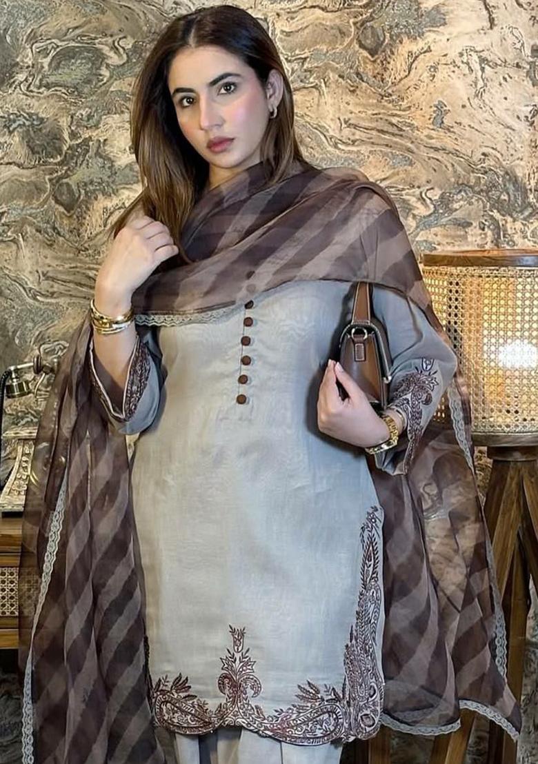 Grey Embroidery Blended Kurta Set - Indya