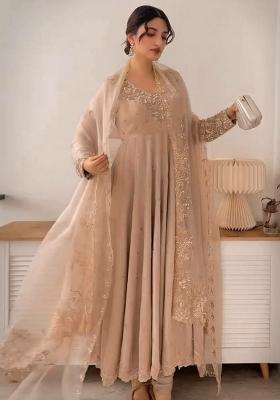 Beige Embroidery Blended Kurta Set
