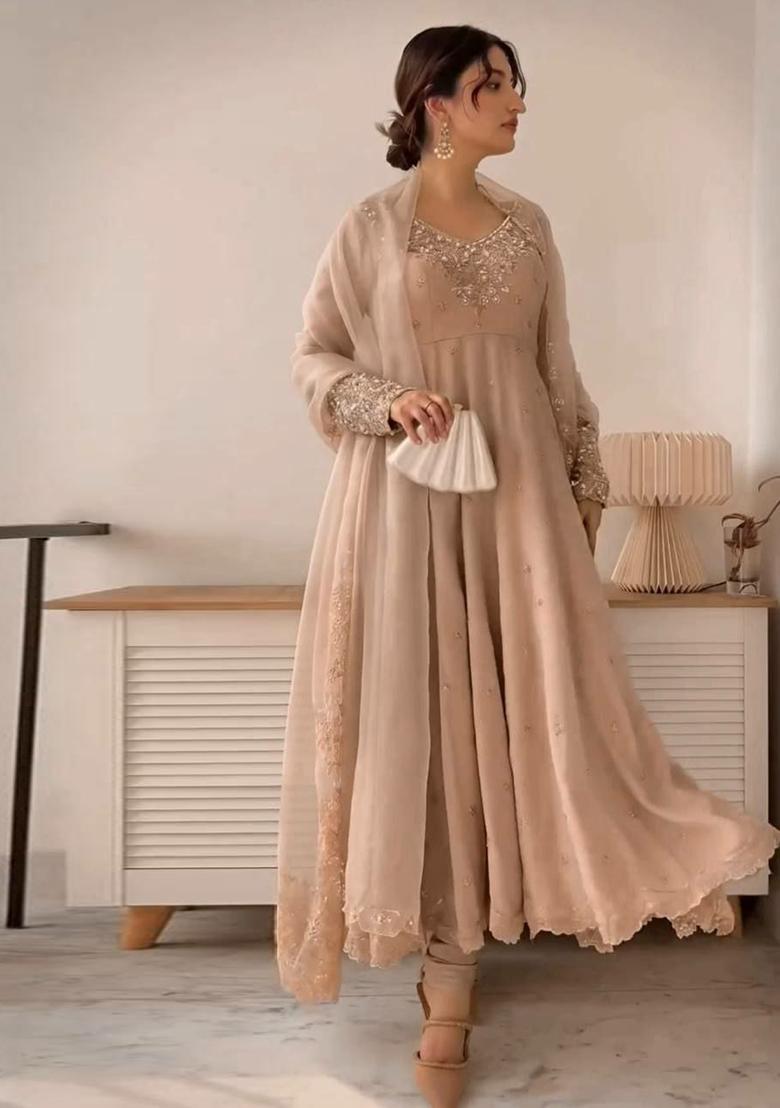 Beige Embroidery Blended Kurta Set - Indya