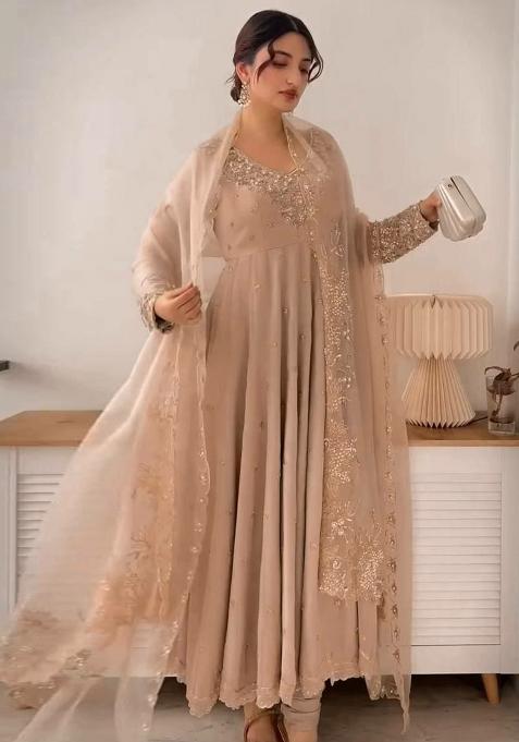 Beige Embroidery Blended Kurta Set