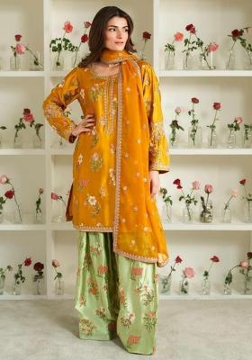 Yellow Embroidery Blended Kurta Set