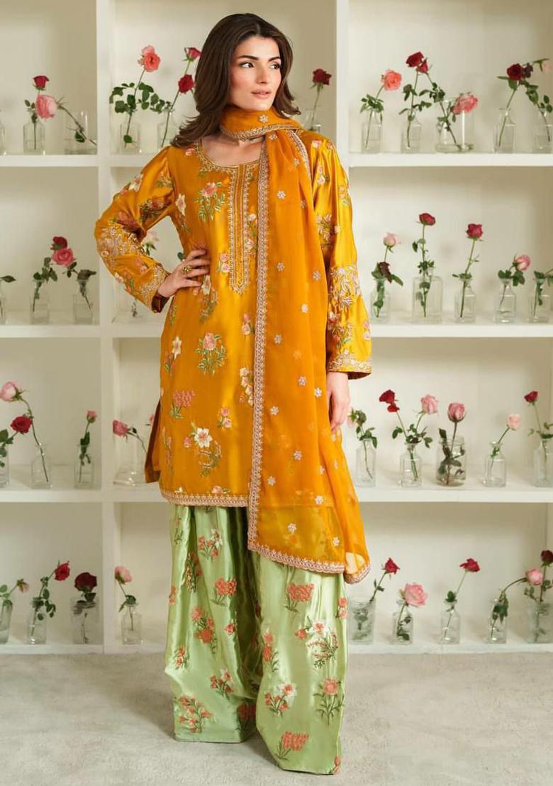 Yellow Embroidery Blended Kurta Set - Indya
