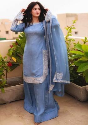 Blue Embroidery Blended Kurta Set