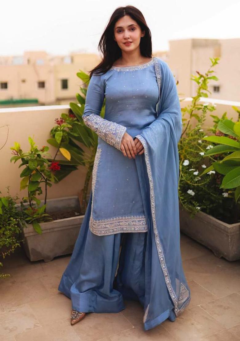 Blue Embroidery Blended Kurta Set - Indya