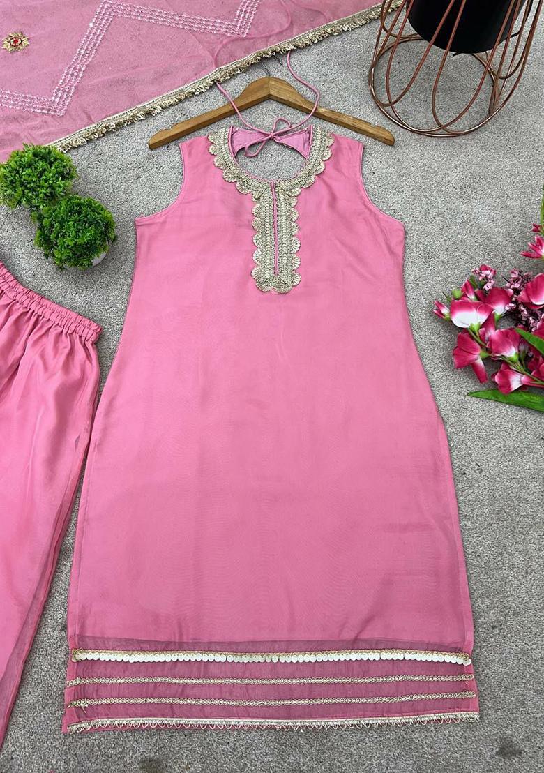 Pink Solid Blended Kurta Set - Indya